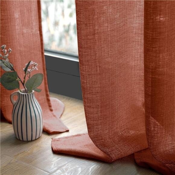 Burnt Orange Linen Textured Semi Sheer Curtains 2 Panels for Living Room Bedroom - Picture 5 of 7